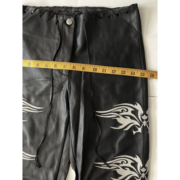 I AM GIA Faux Leather Pants Women 26x32 Black Embroidered Raw Hem Stretch Biker - Picture 7 of 11
